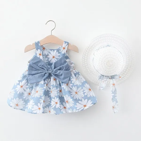 New Summer Girl Dress Sweet Sleeveless Small Flower Print Big Bow Cotton Cloth Dress Set