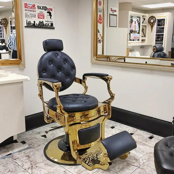 Black Leather Gold Frame Salon Styling Chair, Heavy Duty Steel Base, 360° Rotation, 300kg Max Weight photo-2