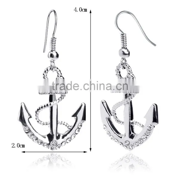 Long Earings 18k White Gold Plated Silver Color Austrian Crystal Rhinestone Dangle Anchor Earring photo-2