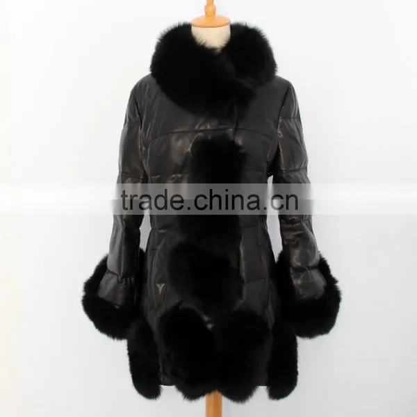 2015 New Fashion Women Leather Coat With Fox Fur Trim Hot Sale Factory Price