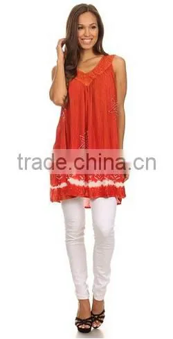Sequin Embroidered Batik Relaxed Fit Sleeveless V-Neck Top - Burnt Orange - OS photo-5