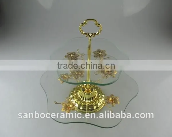 Wholesale Glass Cake Stand, Two Tier Golden Glass Cake Stand With Flower Decoration photo-2