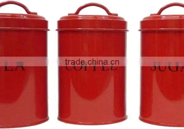 Powder-Coated Retro Metal Tea Coffee Sugar Can Candy Bean Nuts Set of 3 Storage Canister photo-2