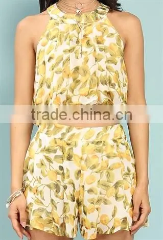 Ladies Aztec Print Crop Top Cheap Wholesale Lemon Print Chiffon Pleated Custom Printed Crop Tops photo-5