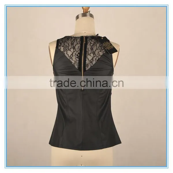 Women Custom Pu Leather Fabric Neck Chain Design Lace Patchwork Tank Top photo-2