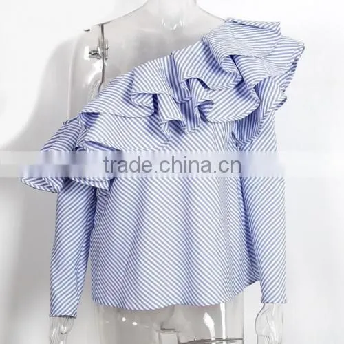 2017 New Arrival Fashion Design Women Stripe off the Shoulder High Low Long Sleeve Blouse photo-5