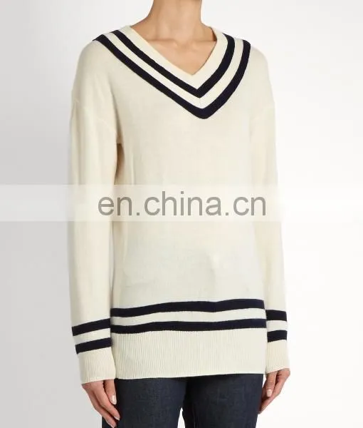 High Quality Varsity V-neck Wool and Cashmere-blend Sweater Fashion Design Women Long Sleeve Sweater
