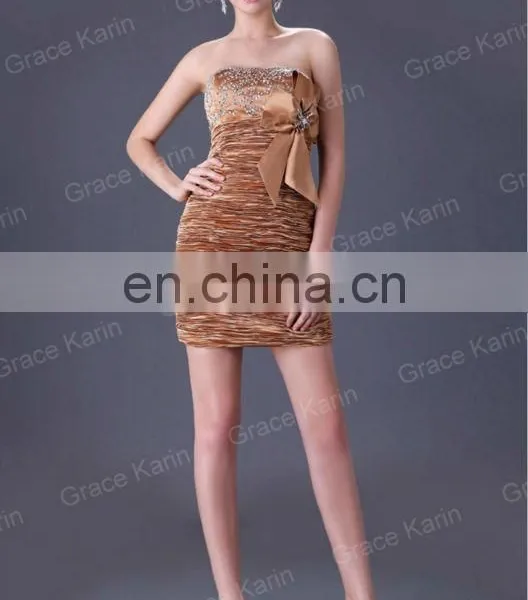 Gold Stretch Satin With Bowknot Short Cheap Cocktail Dresses CL3136 photo-3