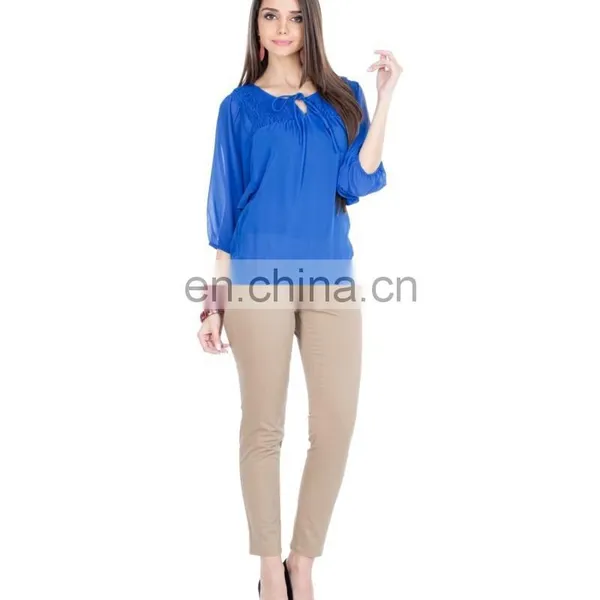 2015 Blue Top With Smocking And Tie-up Women Blue Floral Print Tie-up Top photo-2