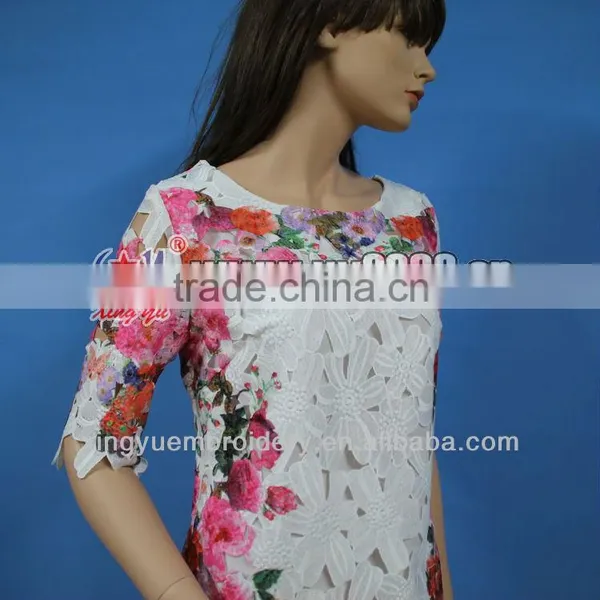 Romantic French Rose Printing Crochet 3/4 Sleeve Lace Dress photo-2