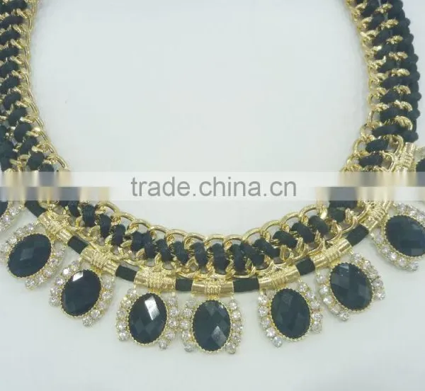 FASHION BRAIDED METAL CHAIN/STONES STATEMENT NECKLACE EARRING SET photo-2