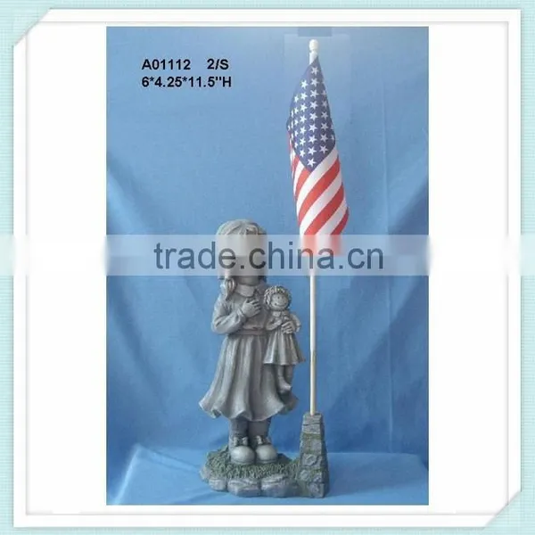Resin Children Garden Statues With American Flag photo-2