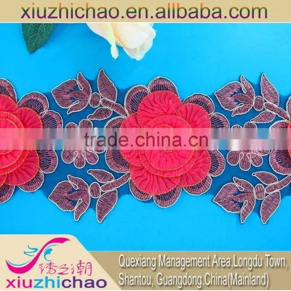 X0837-A Red Flower Handmade Embroidery Corded Lace Trimming Organza Trims