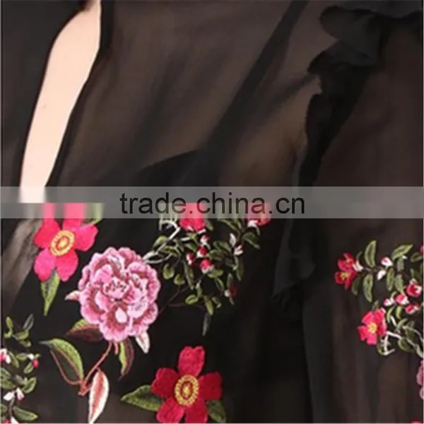 2017 OEM Peony Embroidered Silk-chiffon Button Keyhole Ruffle Blouse photo-5