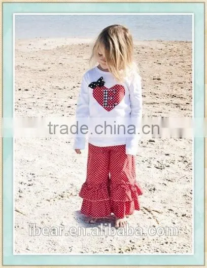 2017 Girls Valentines Day Bouyique Clothing Girls Valentine Day Outfit With Personalized Heart Shirt & Double Ruffle Pants Sets