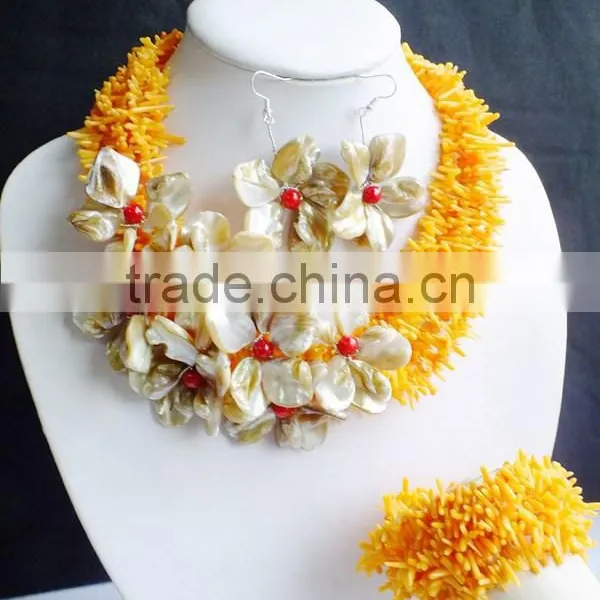 Fancy Styles!!! New Arrival Beauty Yellow Coral and Shell Flower Jewelry Set photo-3