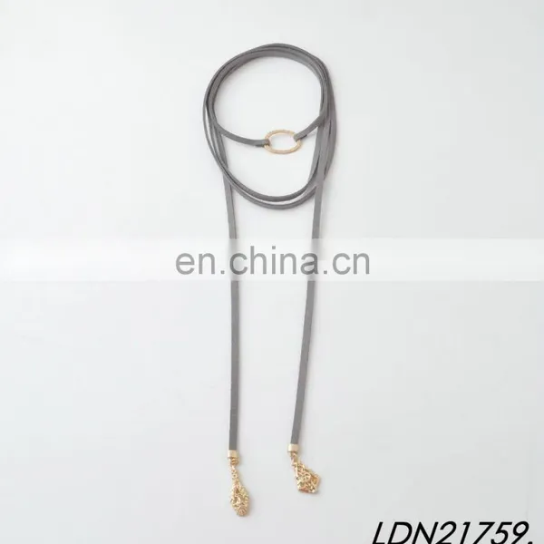 Layered Gray Knot Suede Wrap Necklace Gold Circle Pendant Bohemian Choker Necklace Jewelry photo-4