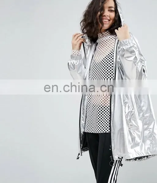 Wholesale Classic Outside Women Nylon Custom Plain Sliver Metallic Long Jacket photo-2