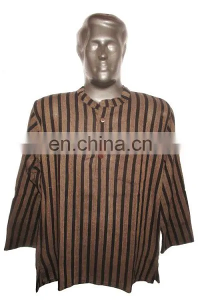 Full Sleeve Short Khadi Yoga Kurta Striped, Size : Chest 46 x Height 30 Inches (medium). photo-3