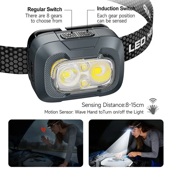 Wholesale Motion Sensor LED Headlamp Rechargeable 300LM Multi-beam IP44 Waterproof Ultra-light Head Torch for Outdoor Camping Running photo-4