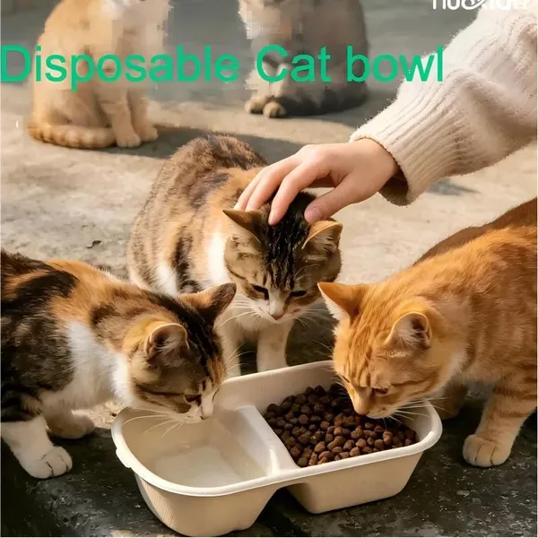 Disposable 2 Compartment Molded Pulp Pet Bowl, Biodegradable Bagasse Cat Food & Drink Bowl, Pet Feeder for Cat Dog, Custom Logo & Size Available photo-4