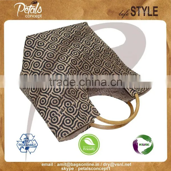 Jute Gift Bag With Round Handle for Weekend - Overall Print Shopping Tote - Cane Handle Bags photo-2
