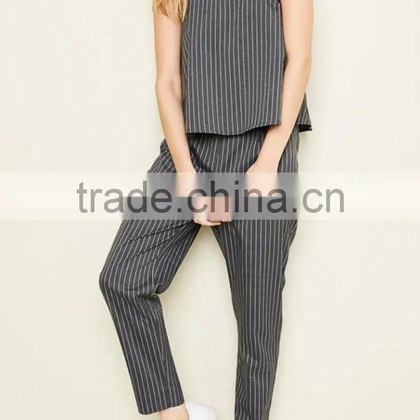 WOMEN JUMPSUIT FASHION NEW DESIGN PINSTRIPE WOVEN JUMPSUIT WITH LAYERED CAMISOLE TOP photo-2