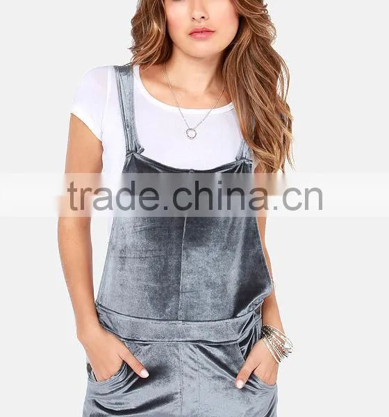 2017 Spring Autumn Sleeveless Sexy Short Ladies Rompers Soft Grey Plain Velvet Jumpsuit For Young Girls China photo-2