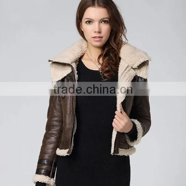 2014 Brown Lamb Wool Shearling Women Leather Jacket With Fur Collar photo-4