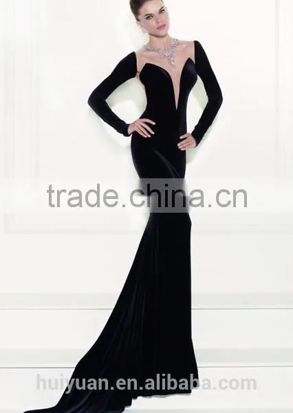Long Sleeve See Though Back Black Velvet Evening Dress photo-2