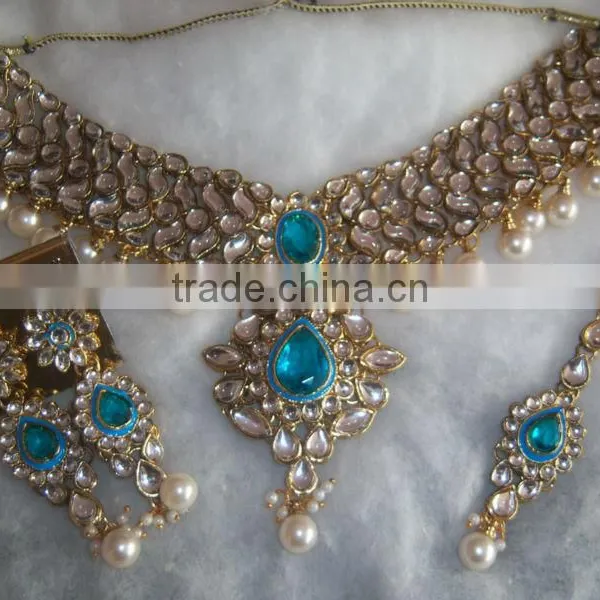 Pearl Choker Blue Stone Necklace EARRING Set