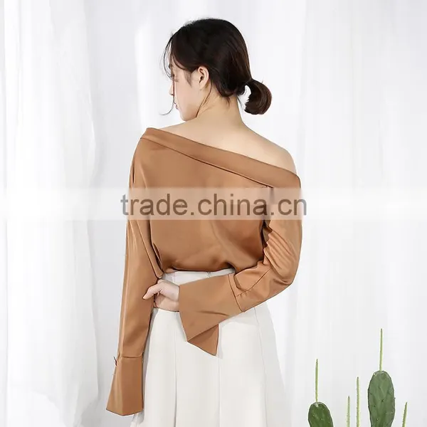 2017 Autumn New Style Chiffon Sexy Collar Diagonal Shoulder Long Sleeve Fashion Blouse Chiffon Shirt photo-5