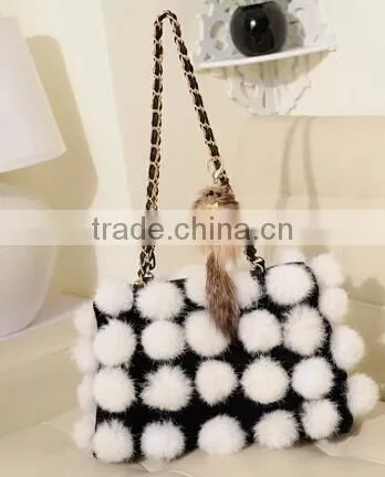 Korean Style Woman Rabbit Fur Ball Hand Bag Contrast Color Female Chian Bag photo-2
