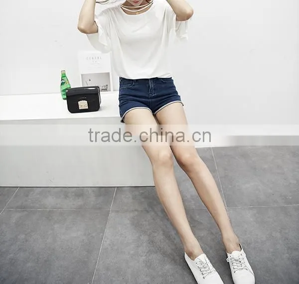 Summer 2017 Han Edition Round Neckline Necklace Lotus Leaf Sleeve Loose Pure Color Short Sleeve T-shirt Bertha photo-3