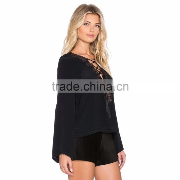 2016 New Top Fashionable Patch Work Lace Up Blouse Designs photo-2