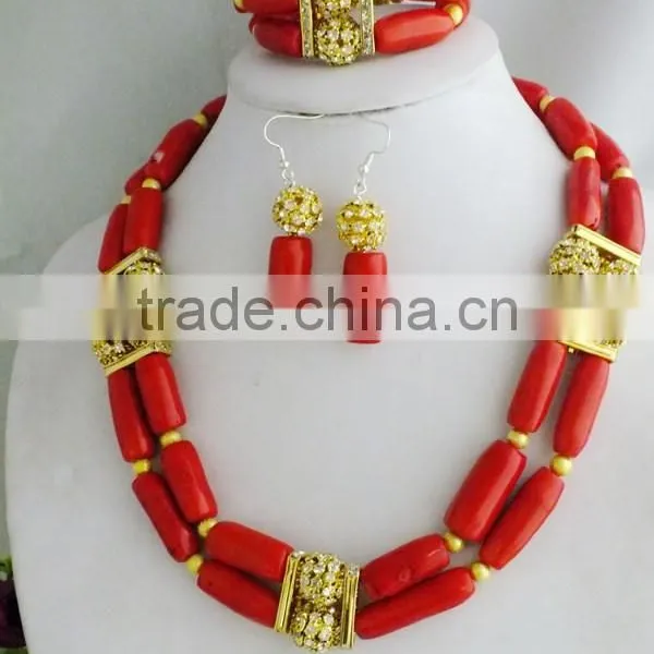 2 Rows Fashion Jewelry!!! Red Coral and Yellow Shell Pearl Beads Jewelry Set
