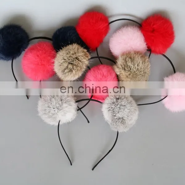 Popular Style Fur Bobble Accessory Girl Fur Hair Hoop With Rabbit Fur Ball photo-6