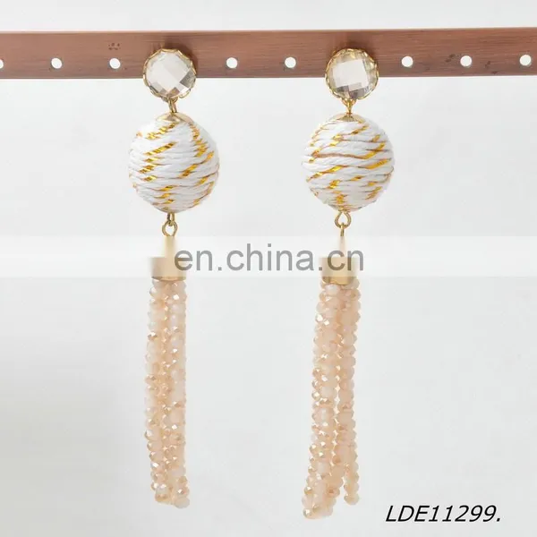 Glass Tassel Beaded Earrings Pom Pom Style Earrings Thread Ball Earrings photo-5