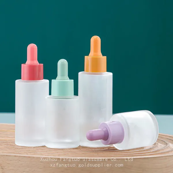 Round Frosted Glass Bottle With Multi Colors Dropper Cap Perfume Skin Care Oil Serum Essential Oil Dropper Bottles