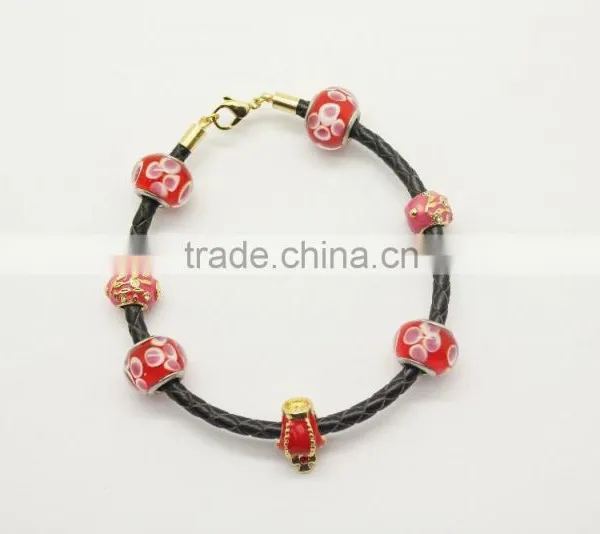 Fashion Handmade European Murano Glass Bead Thin Leather Bracelet photo-5