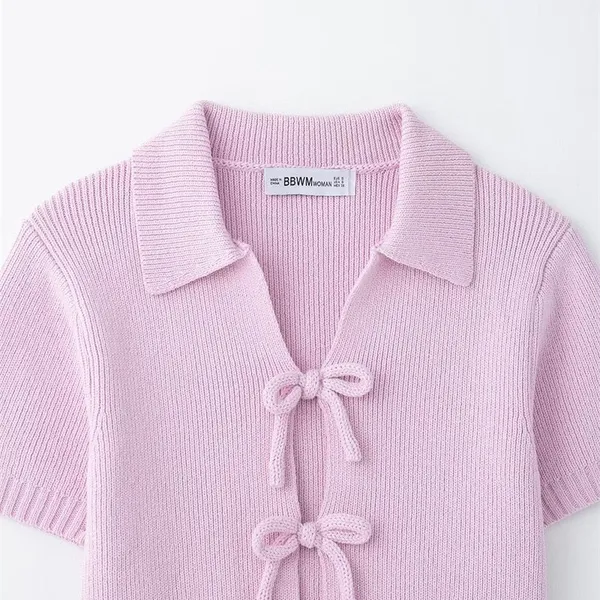 2025 Spring and Summer New European Style Ladies Fashion Sweet Fresh Bow Decoration Knitted Short Sleeve