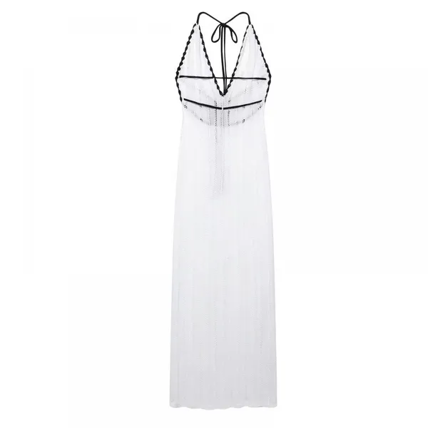 Ins European and American V-neck Hanging Neck Backless Knitted Beach Dress With Hollow Out Sexy Slim Fit Strap Beach Dress, Long Skirt for Women photo-2