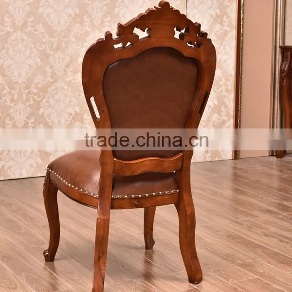 Exquisite European Carving Rubber Wood Genuine Leather Dining Chair in Brown photo-6