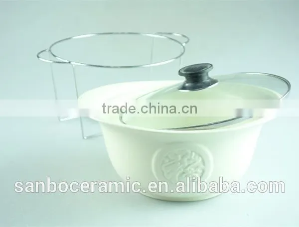 Ivory Oval Ceramic/porcelain Soup Tureen Pot Embossed With Glass Lid Metal Stand & Color Gift Box for Promotion photo-3