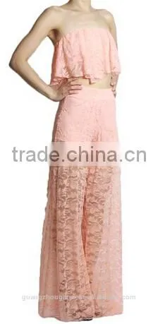 2015 New Girls Sexy Two Piece Lace Rompers and Jumpsui Stretch Sheer Long Lace Flare Wide Leg Pants and Ruffle Lace Crop Top