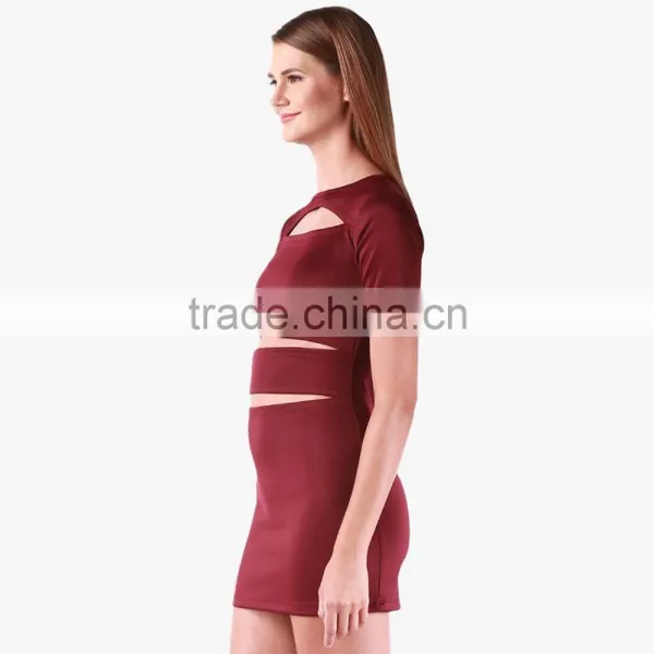 Wine Colored Solid Bodycon Dress For Ladies photo-3