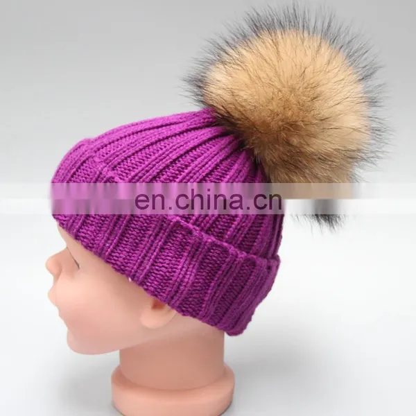 Fashion Striped Pattern Fur Pompom Hat Knitted Kids Bobble Hats for Winter Warm photo-3