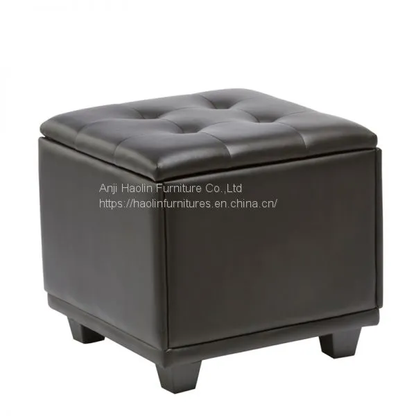 Black Leather Ottoman Chair With Buttons,Ottoman Chair With Storage ,Solid Wood Frame photo-2