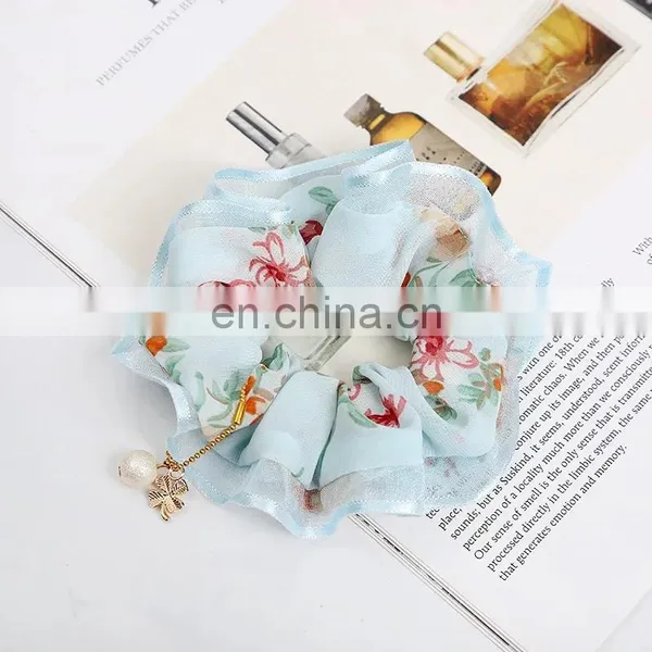 Women Vintage Big Bowknot Scrunchies With Pearl Print Flower Hair Ties Hair Holder Rubber Bands Gum For Hair photo-4