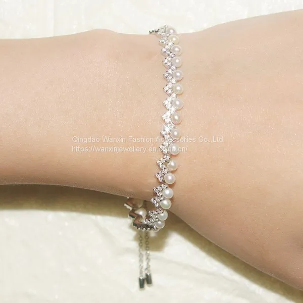 S925 Sterling Silver Diamond Pearl Water Wave Bracelet photo-2